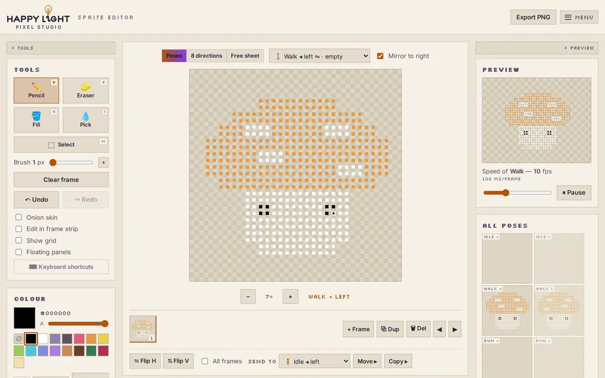 The Pixel Studio editor: a mushroom character drawn on the canvas, tool and colour panels on the left, and a live animation preview with the walk poses filled in on the right.