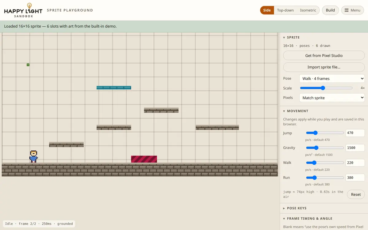 The Sandbox: a pixel character standing on a platform level with hazard stripes, and a movement panel on the right with sliders for jump, gravity, walk and run.